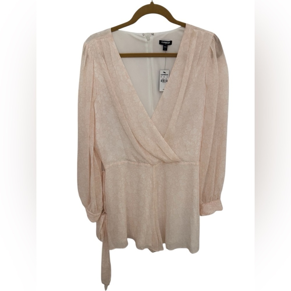 Express Pink Belted Romper Long Sheer Sleeve Large